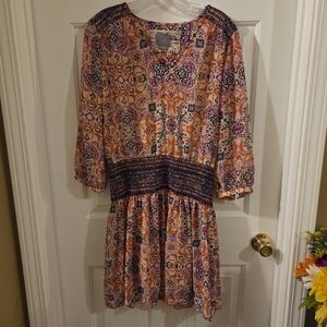 Smocked Waist Long Sleeve Bohemian Dress in Orange and Purple